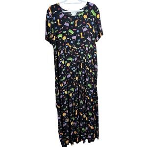 VTG Coldwater Creek Sz L Maxi Dress Black Short Sleeve Tie Novelty Purses Y2K